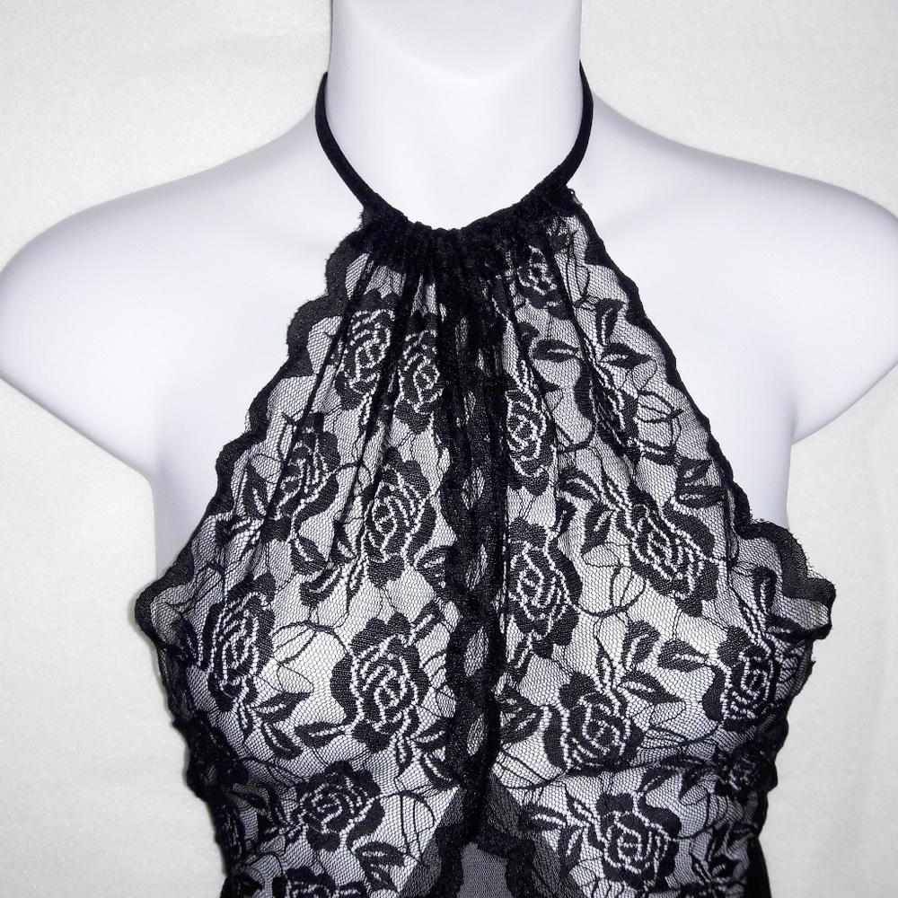 Sheer Black Rose Lace Mesh Stretch Halter Bodysuit - Picture 4 of 6